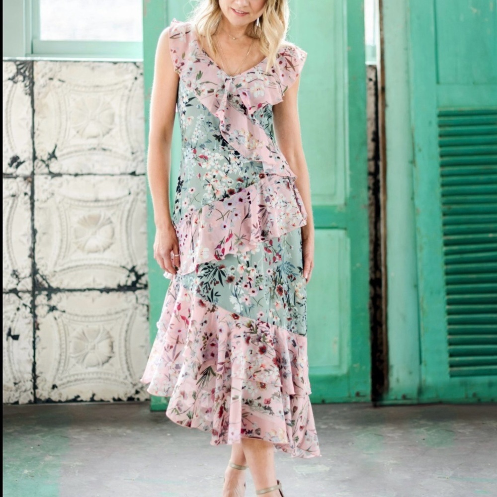 Maggy London Pink and Mint Floral Ruffle Midi Dress